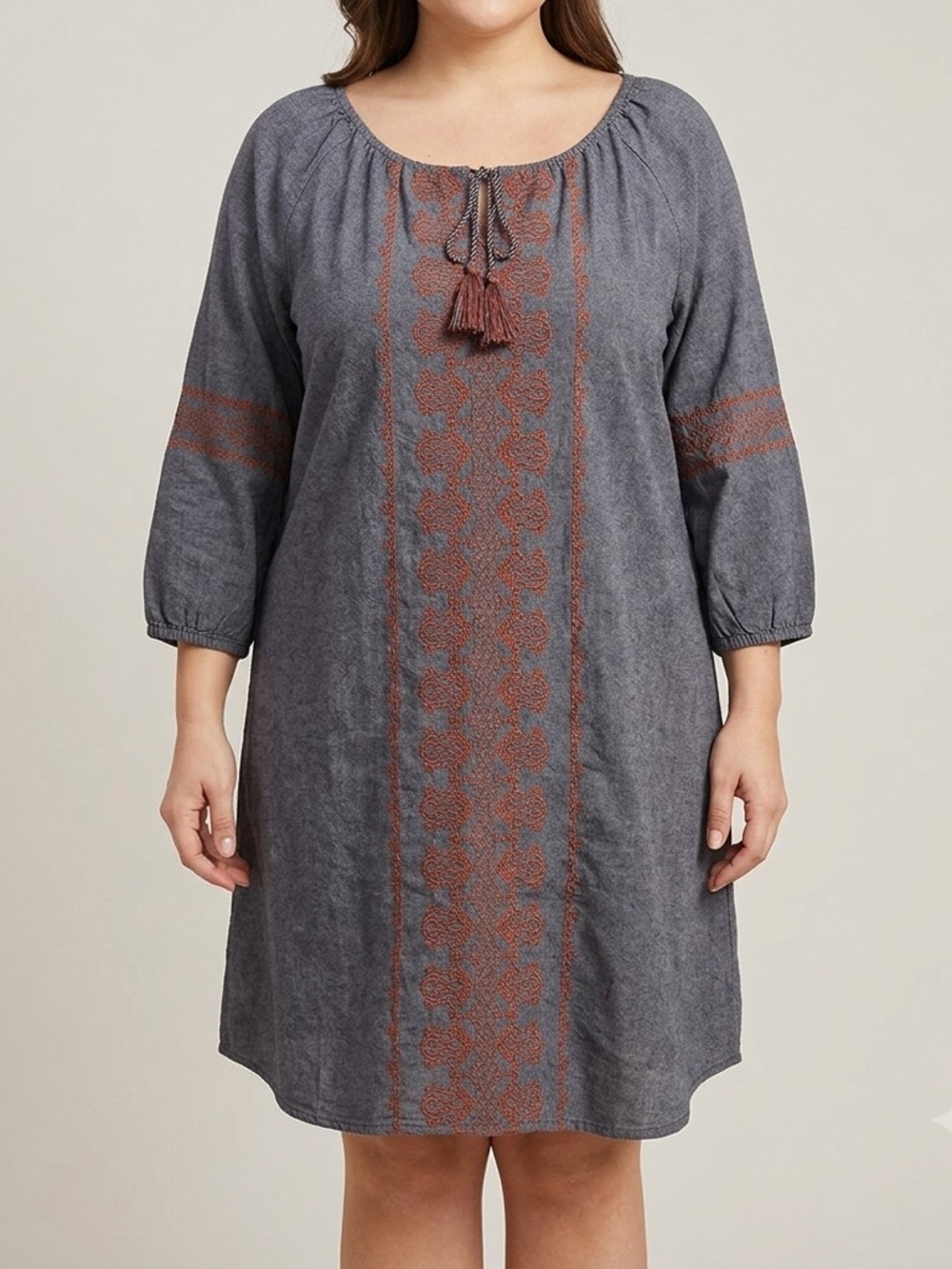 Cato Charcoal Dress with Rust Embroidery